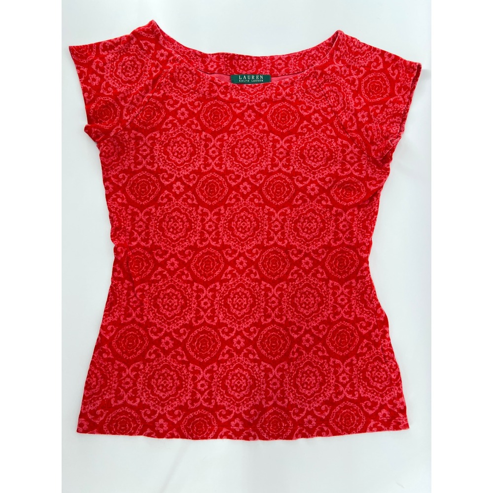 Lauren Ralph Lauren Y2K Baby Tee Women's M Red Stretch Cotton Floral Medallion